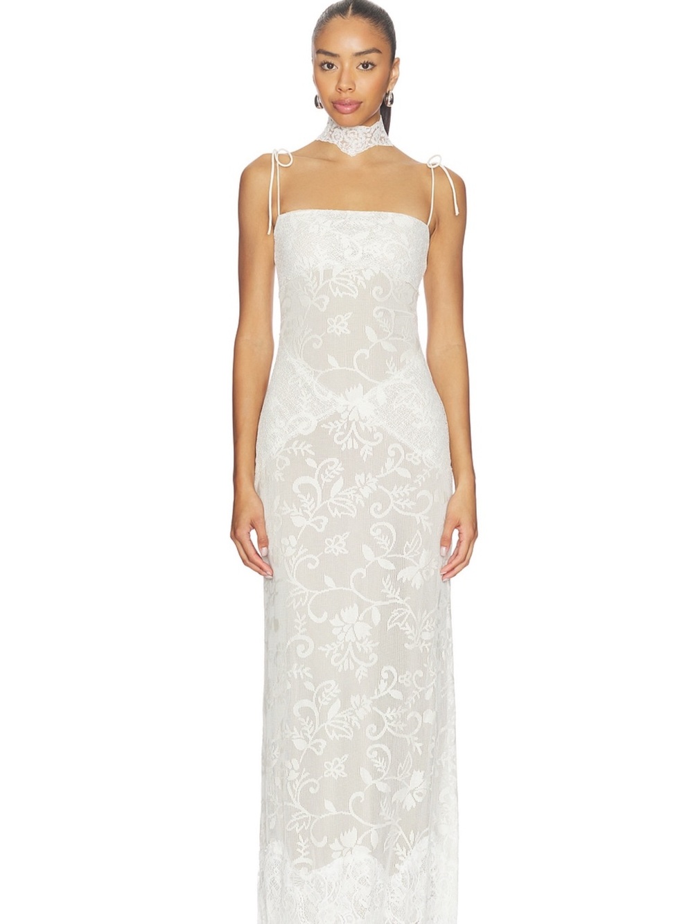 White Lace Maxi Dress with Tie Straps and Lace Choker